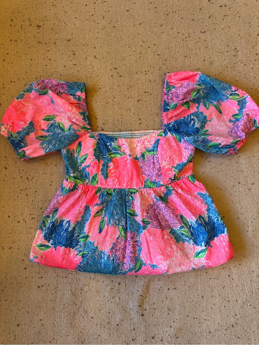 Lilly Pulitzer Women's Floral Puff Sleeve Peplum Top Pink Blue Size 2
